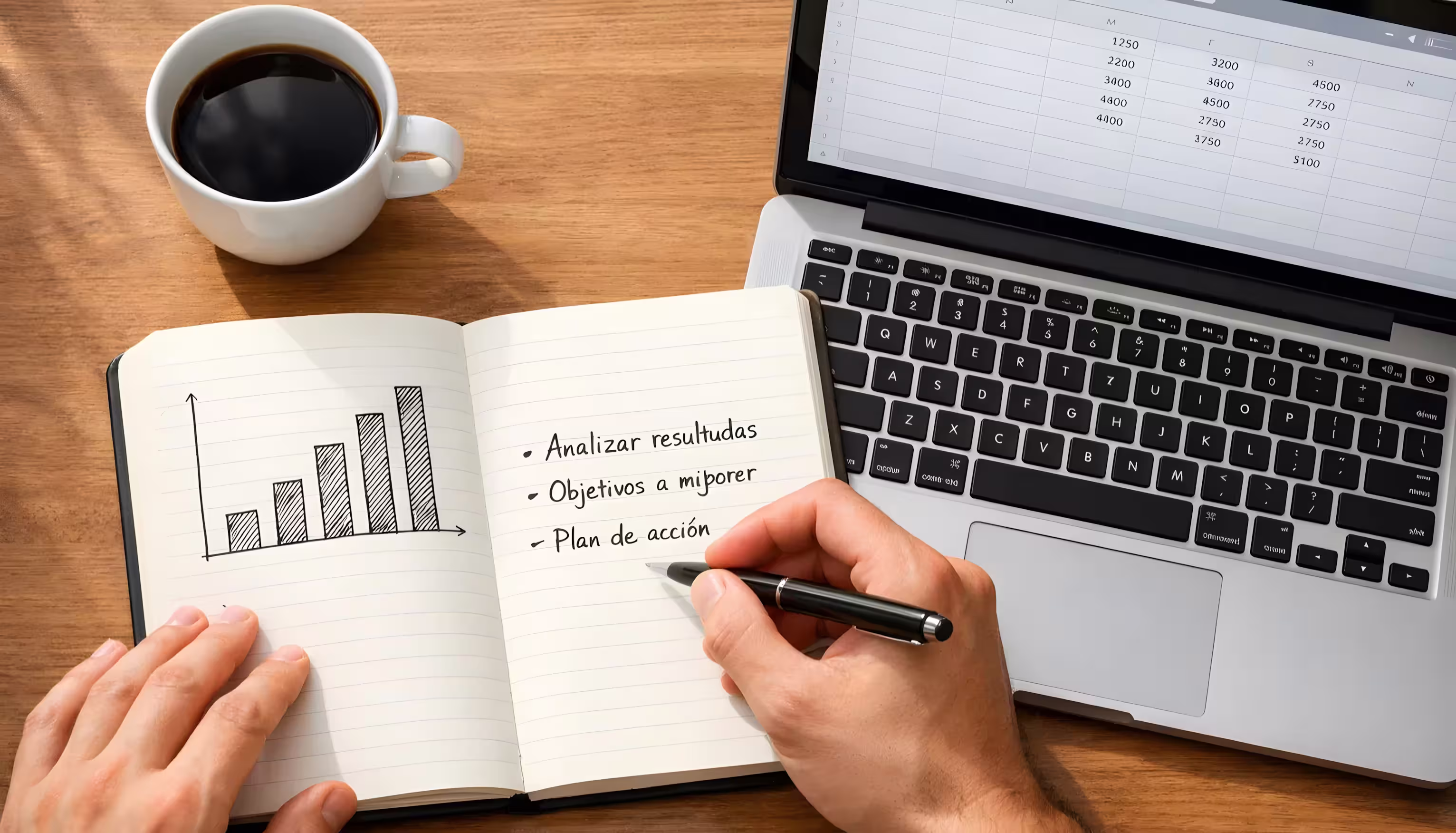 Persona tomando notas en un bloc con bolígrafo junto a un portátil mientras planifica su presupuesto de apuestas
