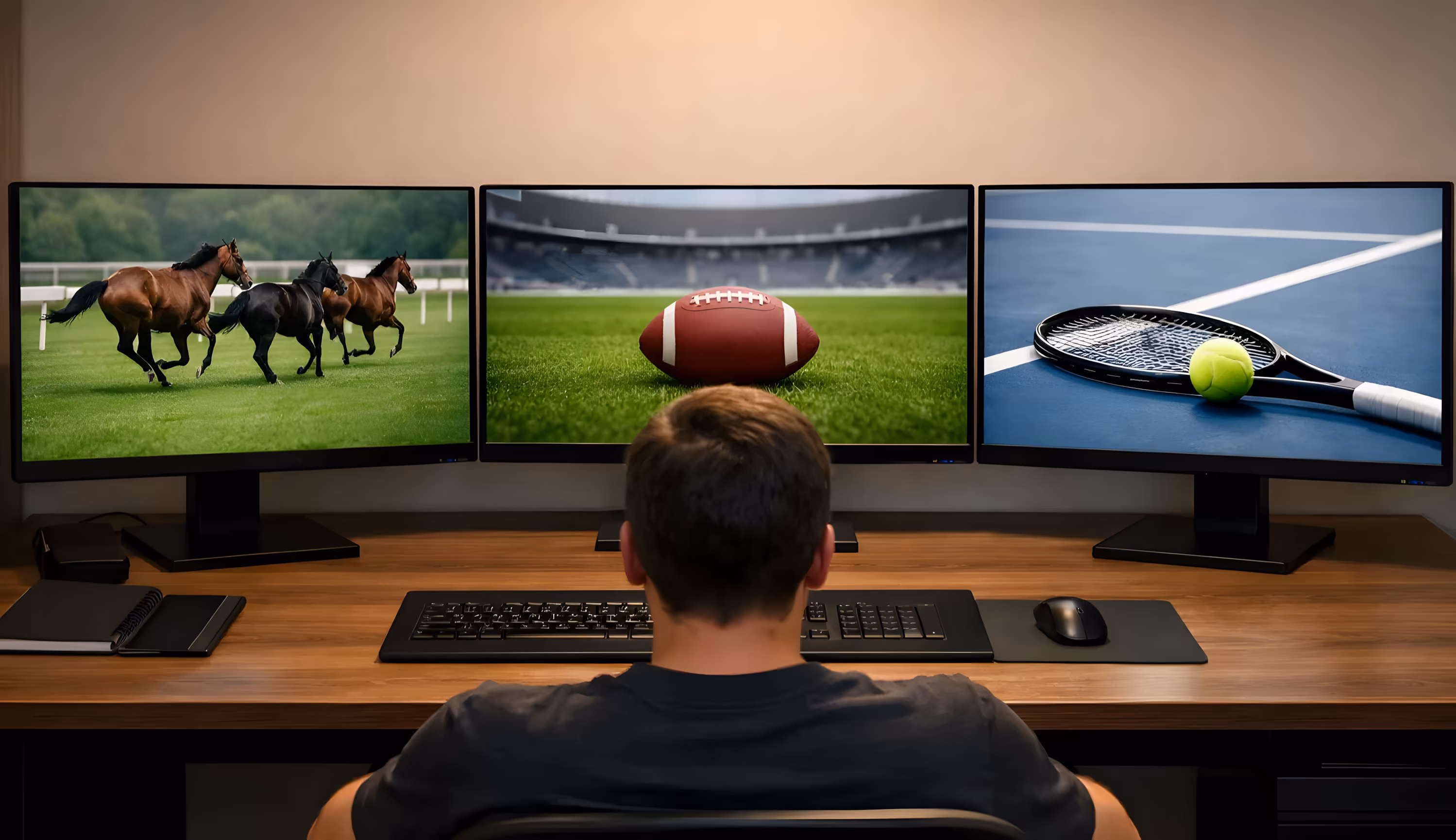 Persona observando múltiples pantallas con diferentes simulaciones de deportes virtuales